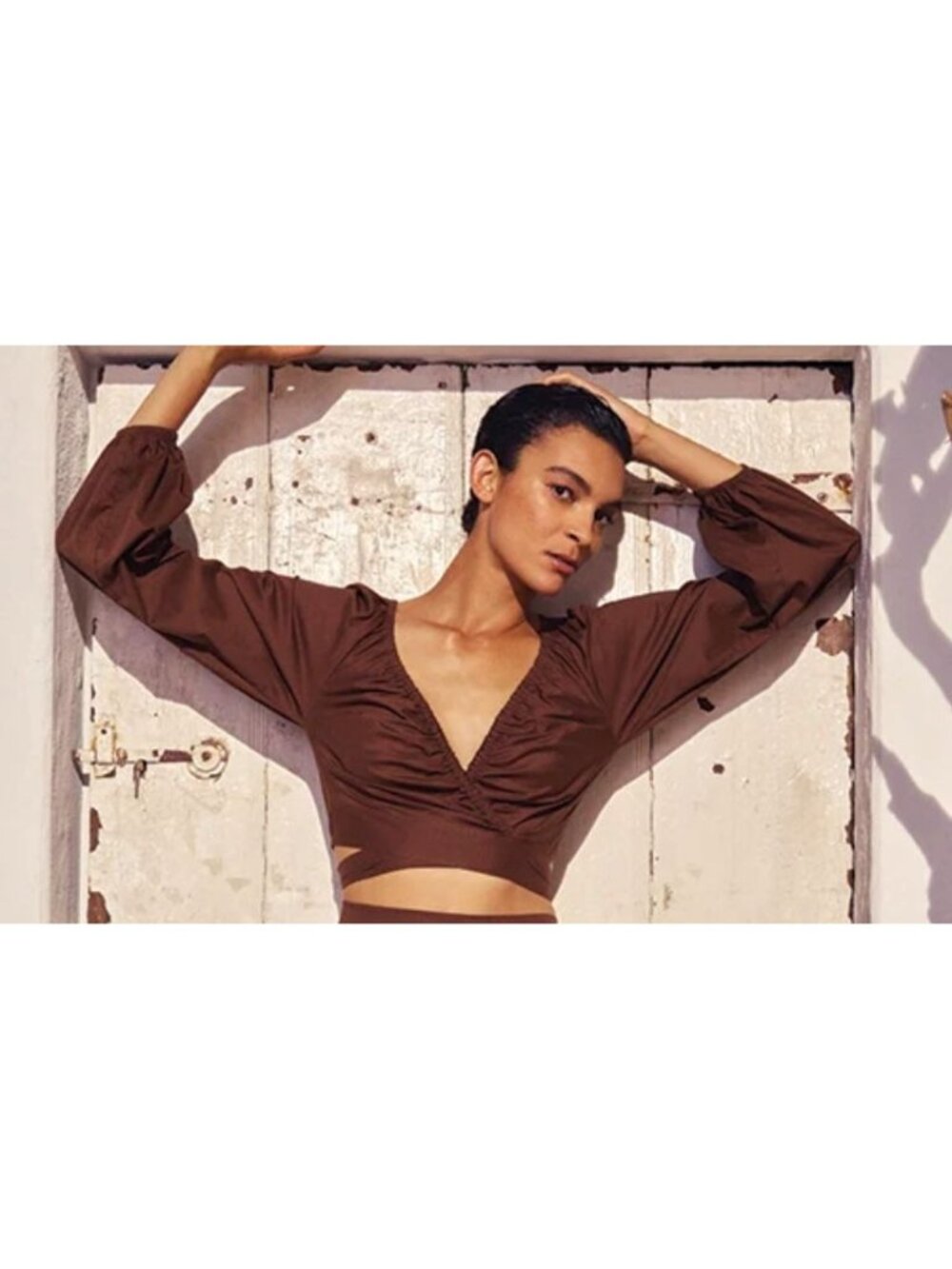 Three Graces London Clara Cropped 100% Cotton Wrap Top Blouse Brown 8
